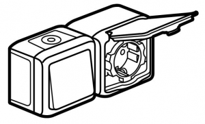 Фото Блок двойной в сборе влагозащищенный (IP44) выключатель одноклавишный 10 А, 250 В~ + розетка с заземляющим контактом, крышкой и защитными шторками для защиты детей 16 А, 250 В~